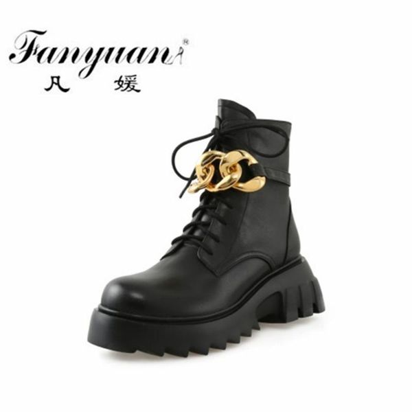 

boots fanyuan metal decoration women ankle 2021 concise genuine leather autumn winter round toe thick heels casual shoes woman, Black