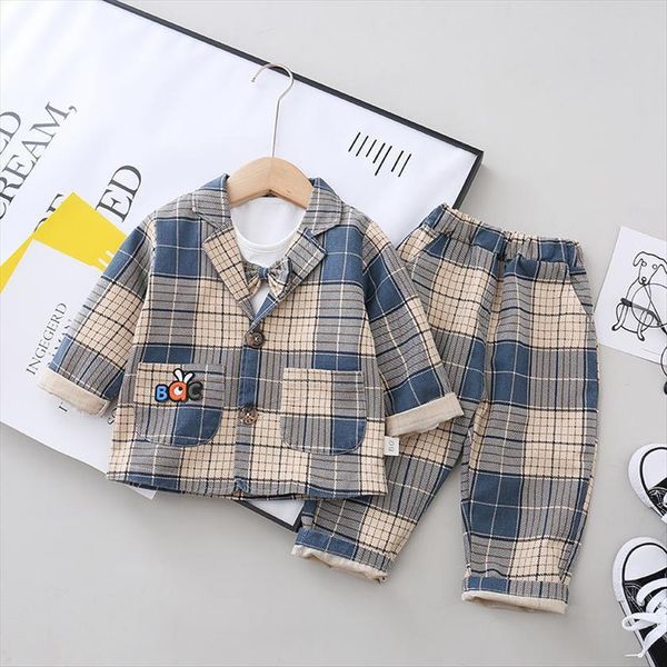 

spring children kids formal cotton gentleman bow casual boys plaid suit t shirt pants 3pcs sets infant clothes set, White