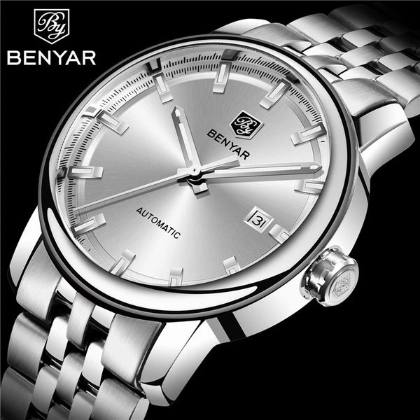 

benyar ontwerp 2021 nieuwe eenvoudige en modieuze mannen automatische mechanische horloges luxe waterdichte lichtgevende pointer sport, Slivery;brown