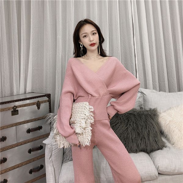 

2021 new women v neck knitted cardigans +pants 2 pieces clothing sets casual knit tracksuits rs7r, Gray
