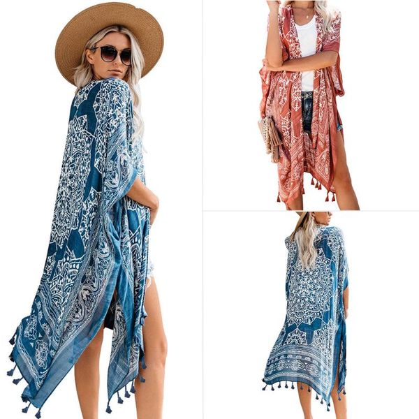 

women's swimwear seaside holiday floral print tassel kimono blouse long beach jacket sun-protective clothing, White;black