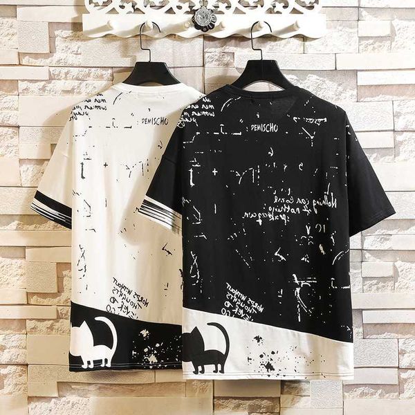 

mens fashion short sleeves o neck printing streetwear t-shirts hip hop cotton summer tees plus size, White;black