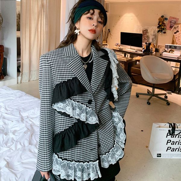 

women's suits & blazers [ewq] corÃ©ia chic temperamento xadrez emendado rendas blazer feminino outono novo entalhado solto Ãºnico breaste, White;black