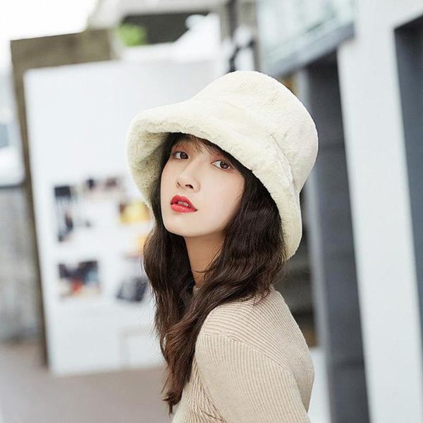 

wide brim hats faux fur winter bucket hat for women girl fashion solid thickened soft warm fishing cap outdoor vacation lady, Blue;gray