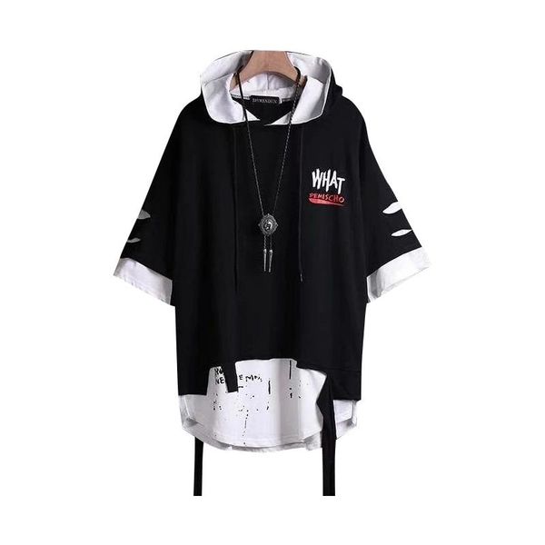 

men's t-shirts summer hooded t shirt hip hop short sleeve fake two-piece street bf loose half 2021 cotton casual tees, White;black