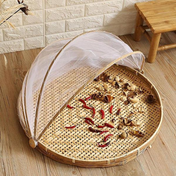 

storage baskets bamboo anti mosquito foldable hand-woven food serving basket dustpan fruit dustproof cover picnic mesh net tent