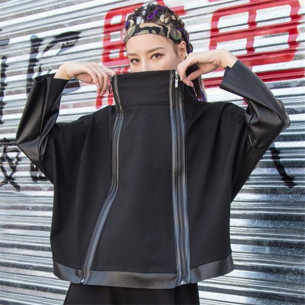 

street fashion korean style ladies punk streetwear black leather patchwork jacket 2021 autumn zipper vintage turtleneck coat wlmw, Black;brown