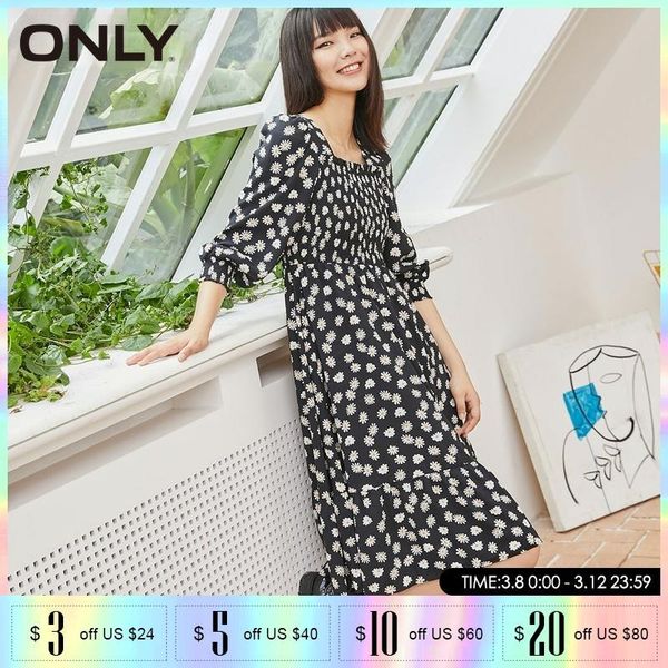 

casual dresses only square collar printed mid length dress|120307233, Black;gray