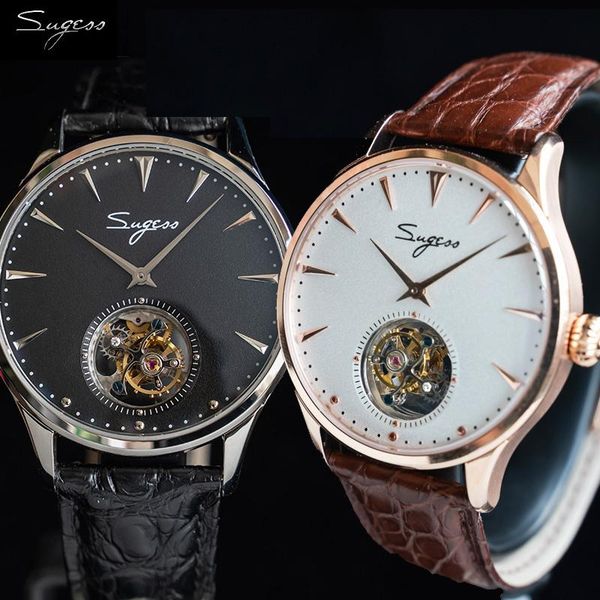 

wristwatches sugess tourbillon master seagull movement st8000 genuine luxury dress watch vintage gold mechanical men watches gift, Slivery;brown