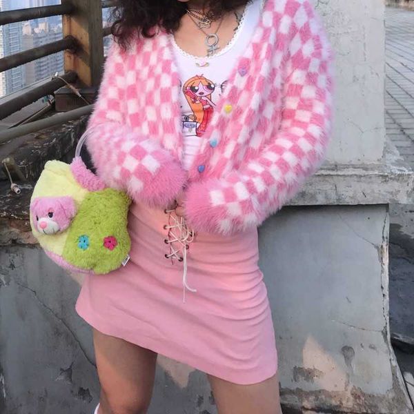 

autumn ly pink grid short women mink cashmere v-neck cardigans fashion slim ladies knitted soft sweater long sleeve 210601, White