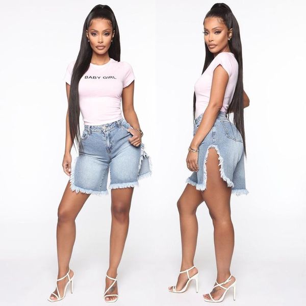 

women's jeans women denim jean shorts slit open short pants streetwear tassel overall wide leg biker suit summer clothings 2021, Blue