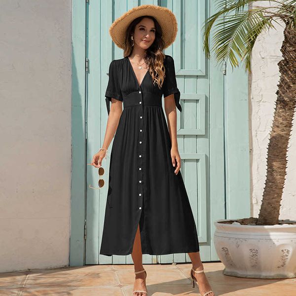 

single breasted dress women elegant v neck high waist midi sundress fashion bandage short sleeve split party dresses female 210526, Black;gray