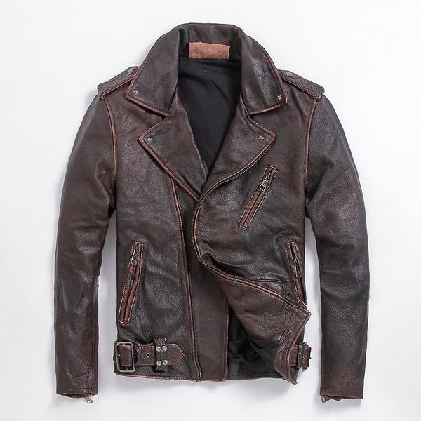 

men's leather & faux genuine jacket men clothes 2021 real cow coat motorcycle biker brown vintage cowhide coats l-z-6 kj6112, Black