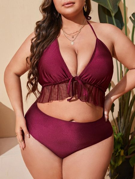 

plus tie front contrast mesh bikini swimsuit n09e#, Black