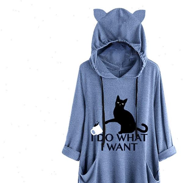 

38 women blouse kawaii cute cat print cat ear hooded casual long sleeves pocket irregular women and plus size shirt, White