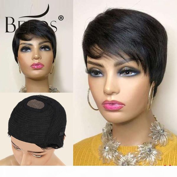 

beeos 150% 1.5*2 closure wigs short straight bob hair natural color brazilian remy human hair wigs with bang, Black