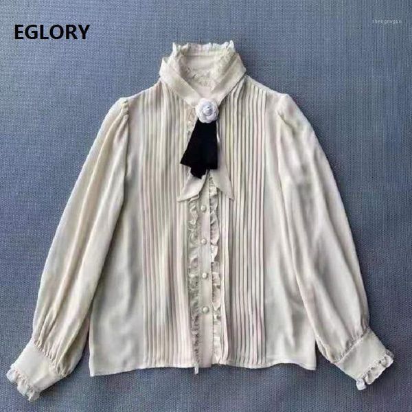 

100%silk shirts 2021 spring summer blouses women bow deco ruffle long sleeve white apricot elegant lady women's &