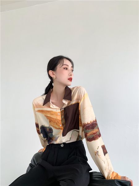 

new oil painting long sleeve blouse horse animal print designer button up collar shirt 2021 fashion women nw4m, White