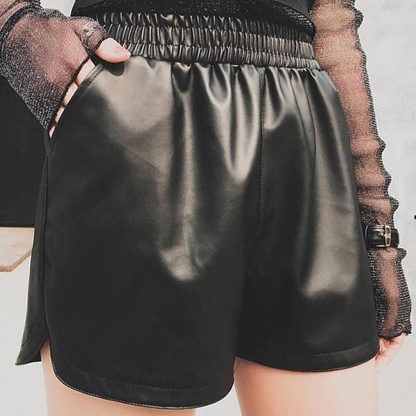 

women's shorts women black pu leather broek 2021 lent herf high tail elastic with pocket loose casual sports plus size hj242, White;black
