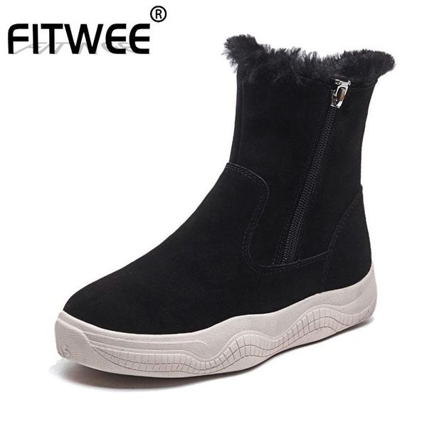

boots fitwee 2021 arrival ankle real leather plush fur keep warm zipper flats short daily snow shoes women size 35-39, Black