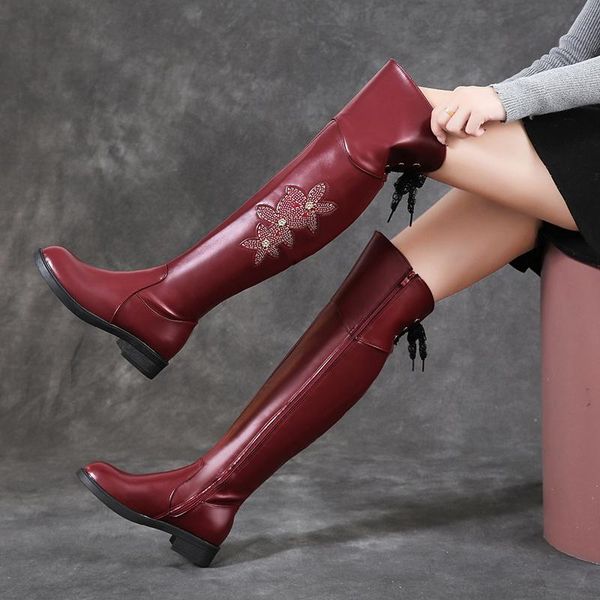 

boots women's over the knee high round toe knight 2021 winter crystal flowers ladies zipper thick warm, Black