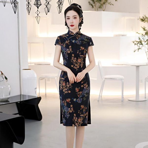 

ethnic clothing women vintage black satin floral print cheongsam classic oriental chinese qipao elegant mandarin collar stage show clothes, Red