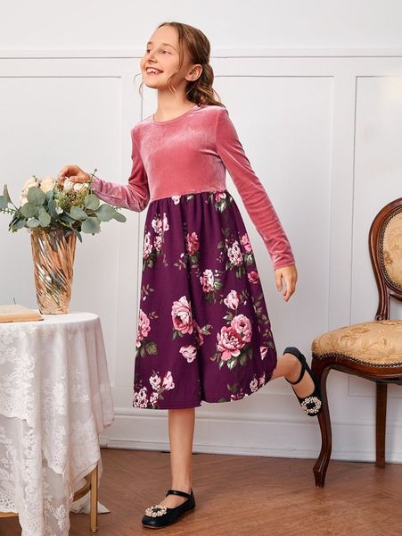 

girls floral print splicing velvet dress she, Red;yellow