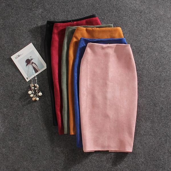 

skirts women summer plus size knee-length pencil skirt female vintage suede split jupe femme faldas mujer, Black