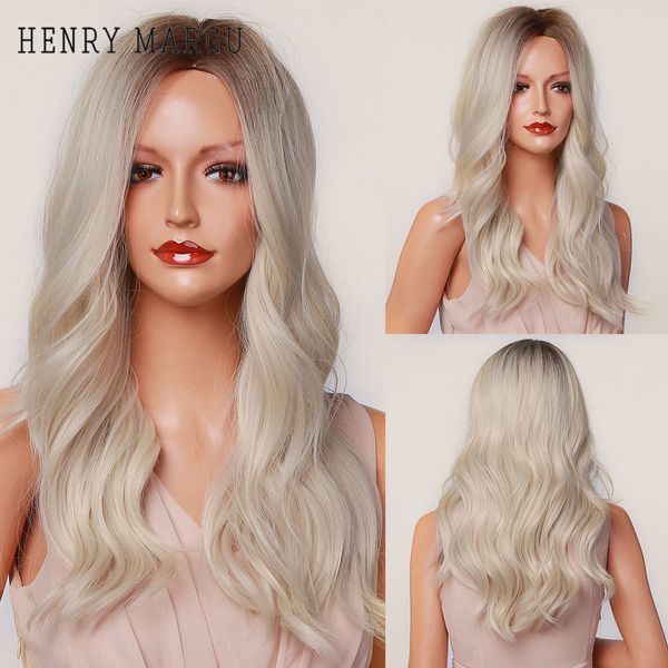 

long ombre brown platinum blonde wigs middle part wavy synthetic wigs for women heat resistant cosplay party wigsfactory direct, Black