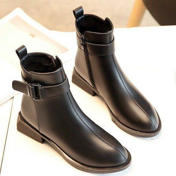 

boots short women's 2021 autumn and winter female thick with tube thin belt buckle zipper q12-73, Black
