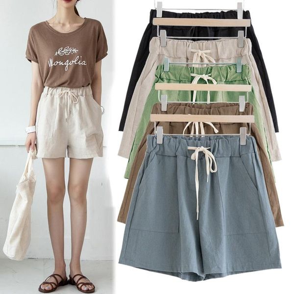 

women's shorts oversized women summer cotton linen casual ladies drawstring elastic waist loose short trousers plus size m-8xl, White;black
