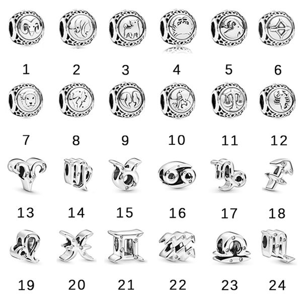 

12 horoscope constellation charms 925 sterling silver zodiac sign beads fit original bracelet birthday personalized gift q0531, Black