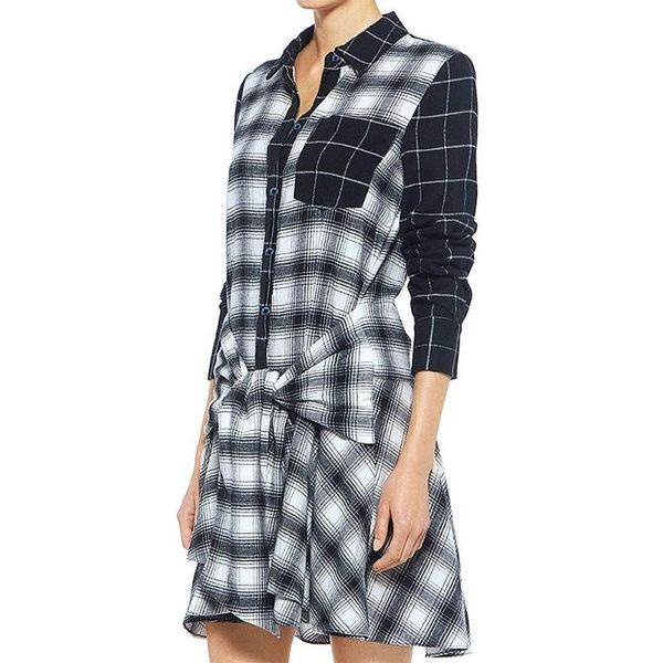 

casual dresses women spring summer mini long sleeve dress boyfriend style plaid print patchwork fashion, Black;gray
