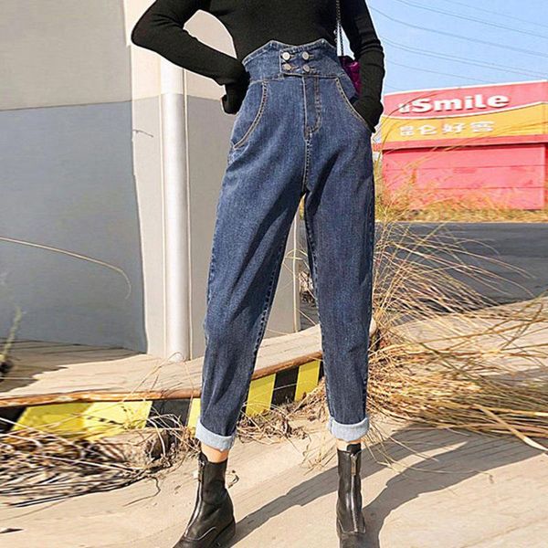 

baggy high waist denim harem pants casual boyfriend jeans for women streetwear spring denim straight leg trousers female, Blue