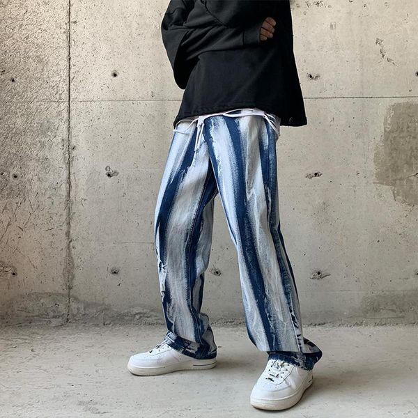 

men's jeans korean-style tie-dye mens high street mopping trousers fashion loose hip hop straight bike jean pants, Blue