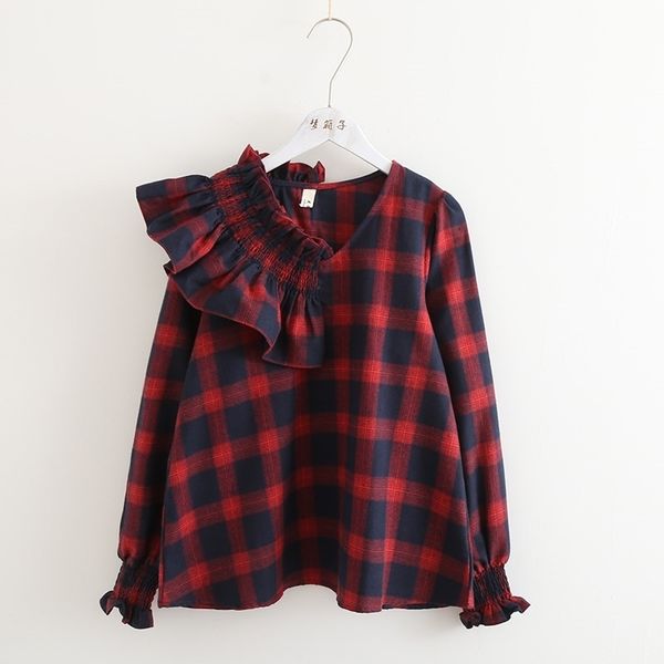 Camicia da donna Kyqiao Camicia da donna Mori Girls Autunno Primavera V Collo a V Cuffia ondulato Bordo a maniche lunghe Verde Red Blue Plaid Camicetta 210225