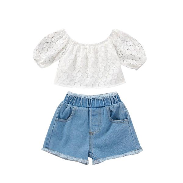

clothing sets 2pcs kids summer tracksuit lace boat neck off shoulder short sleeves blouse + denim shorts for toddler girls 6 months to 4 yea, White