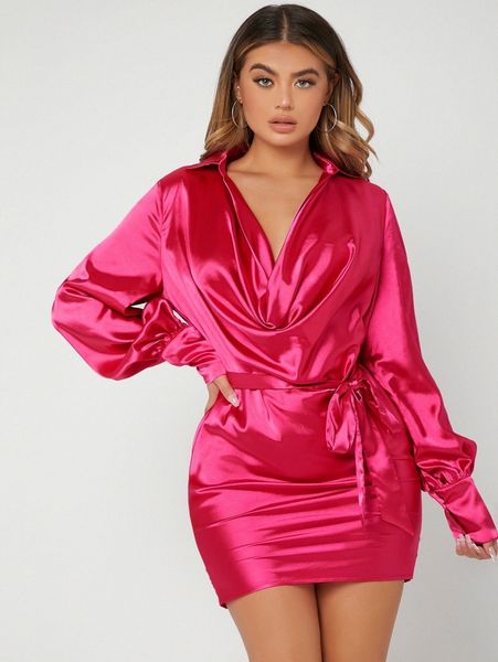 

sxy solid cowl neck belted dress r9zu#, Black;gray