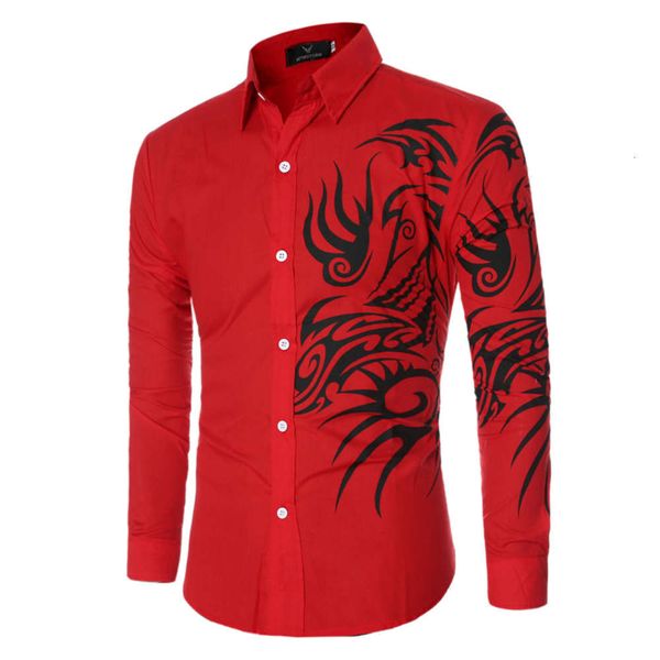 

21 spring new men's dragon print long sleeve slim fit shirt, White;black