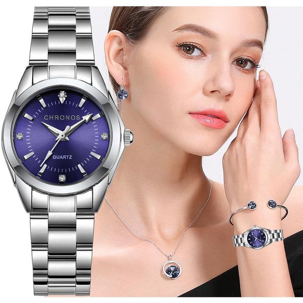 Chronos mulheres aço inoxidável strass relógio prata pulseira quartzo impermeável senhora business analog relógios rosa dial azul