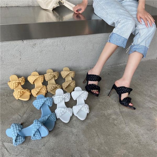 

slippers dxfan brand design weaving slipper sandals women open toe narrow band high heels elegant solid slides, Black