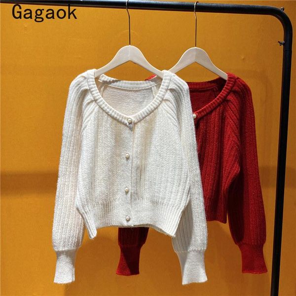 

women's knits & tees gagaok knitted sweater women 2021 spring autumn solid button v-neck sweet warm sweaters slim fashion korean wild c, White