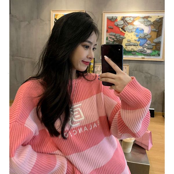 

embroidered letters sweet stripe sweater sweater autumn and winter loose off front back wear, White;black