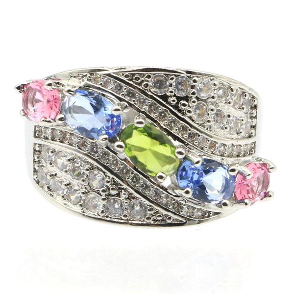 

cluster rings 25x15mm multi color created peridot tourmaline tanzanite white cz gift for sister jewelry making silver, Golden;silver