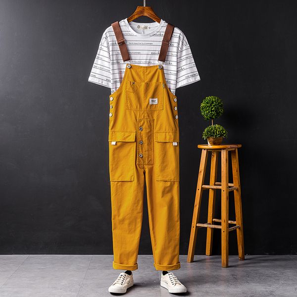 

tiktok super popular hip hop casual pants men and women youth workwear suspender pants fat guy large size loose suspenders yellow, Blue
