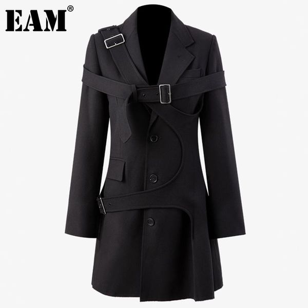 

women's wool & blends [eam] loose fit black asymmetric belt long woolen coat parkas sleeve women fashion tide autumn winter 2021 1dd191