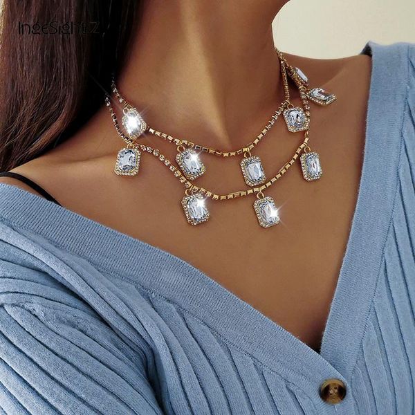 

ingesight.z 2pcs/set luxury rhinestone square pendant necklace multi layered bling crystal chain choker necklaces women jewelry, Silver