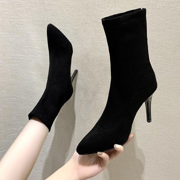 

boots fashion socks 2021 autumn and winter tip stiletto heel tube stretch thin short, Black