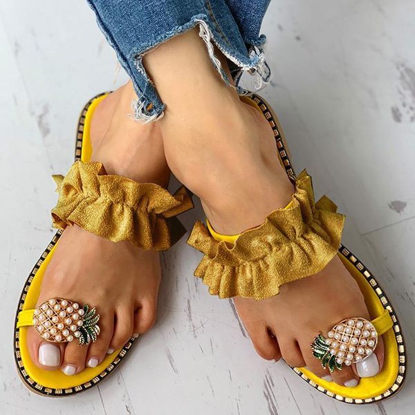 

slippers women pineapple sandals 2021 summer flat pearl spilt toe slip on flip flops beach slides casual shoes 35-43, Black