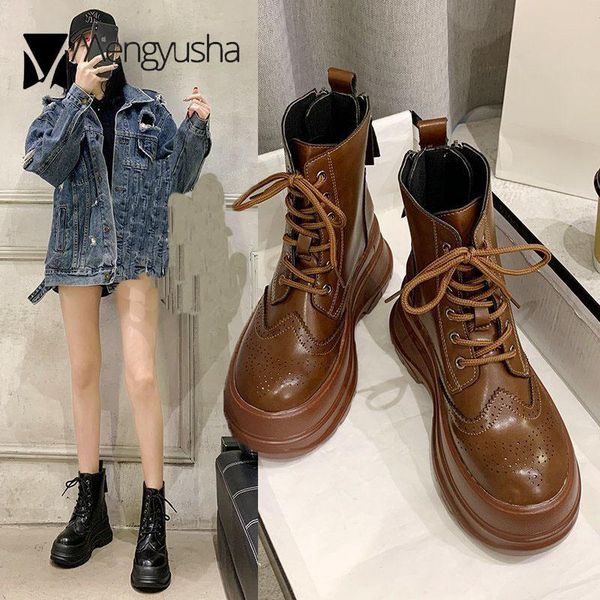 

boots butterfly carved patterns riding women creepers pu leather shoes platform lace up thick sole short botines mujer2021, Black